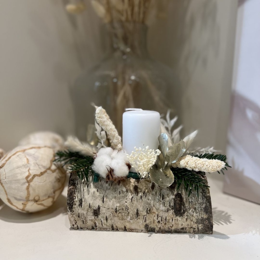 [241115_8210] Décoration buche en fleurs séchées